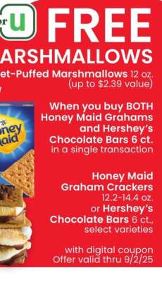 Kraft Jet-Puffed Marshmallows - FREE MARSHMALLOWS Kraft Jet-Puffed Marshmallows 12 oz. (up to $2.39 value) When you buy BOTH Honey Maid Grahams and Hershey's Chocolate Bars 6 ct. in a single transaction Honey Maid Graham Crackers 12.2-14.4 oz. or Hershey's Chocolate Bars 6 ct., select varieties with digital coupon