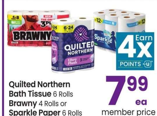 Quilted Northern Bath Tissue 6 Rolls Brawny 4 Rolls or Sparkle Paper 6 Rolls