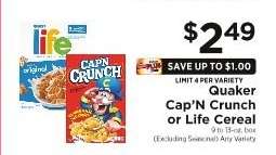 Quaker Cap'n Crunch or Life Cereal