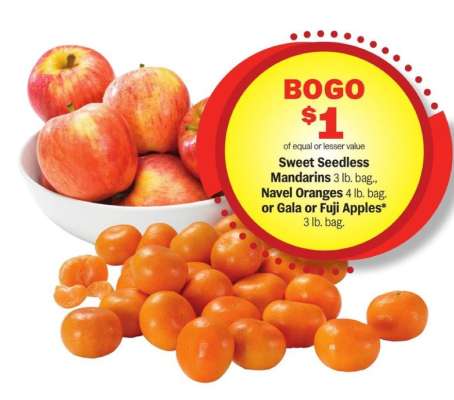 BOGO Sweet Seedless Mandarins, Navel Oranges, Gala or Fuji Apples