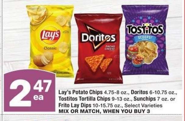 Lay's Potato Chips 4.75-8 oz., Doritos 6-10.75 oz., Tostitos Tortilla Chips 9-13 oz., Sunchips 7 oz. or Frito Lay Dips 10-15.75 oz. - MIX OR MATCH