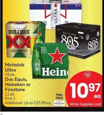Michelob Ultra 18 pk., Dos Equis, Heineken or Firestone 12 pk.
