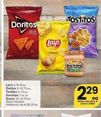 Lay's 4.75-8 oz., Doritos 9-10.75 oz., Tostitos 9-13 oz., Sunchips 7 oz. or Queso 15-15.75 oz. - Select Varieties