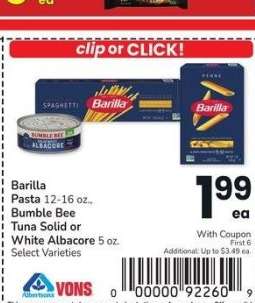 Barilla Pasta 12-16 oz., Bumble Bee Tuna Solid or White Albacore 5 oz. - Select Varieties