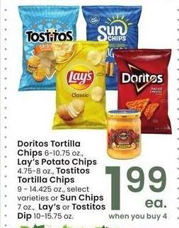 Doritos Tortilla Chips 6-10.75 oz., Lay's Potato Chips 4.75-8 oz., Tostitos Tortilla Chips 9-14.425 oz., select varieties or Sun Chips 7 oz., Lay's or Tostitos Dip 10-15.75 oz.