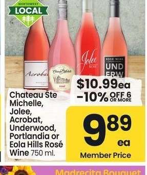 Chateau Ste Michelle, Jolee, Acrobat, Underwood, Portlandia or Eola Hills Rosé Wine - 750 ml.
