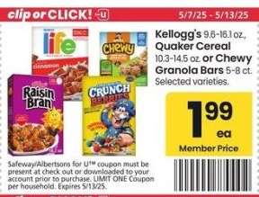 Kellogg's 9.6-16.1 oz., Quaker Cereal 10.3-14.5 oz. or Chewy Granola Bars 5-8 ct. - Selected varieties.