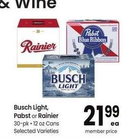 Busch Light, Pabst or Rainier - 30 - pk • 12 oz Cans Selected Varieties