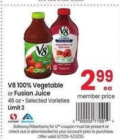 V8 100% Vegetable or Fusion Juice - 46 oz Selected Varieties