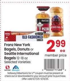 Franz New York Bagels, Donuts or Seattle International Bagels - 12-18 oz Selected Varieties