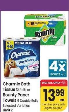 Charmin Bath Tissue 12 Rolls or Bounty Paper Towels 6 Double Rolls - Selected Varieties