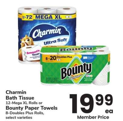 Charmin Bath Tissue 12-Mega XL Rolls or Bounty Paper Towels 8-Doubles Plus Rolls - select varieties