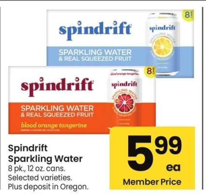 Spindrift Sparkling Water - 8 pk., 12 oz. cans. 
Selected varieties.