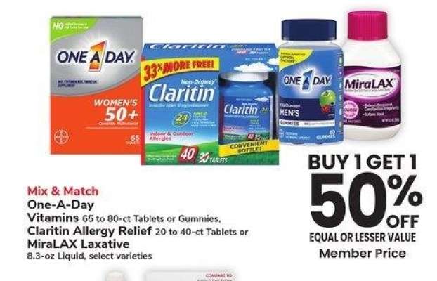One-A-Day Vitamins 65 to 80-ct Tablets or Gummies, Claritin Allergy Relief 20 to 40-ct Tablets or MiraLAX Laxative 8.3-oz Liquid - select varieties

Mix & Match