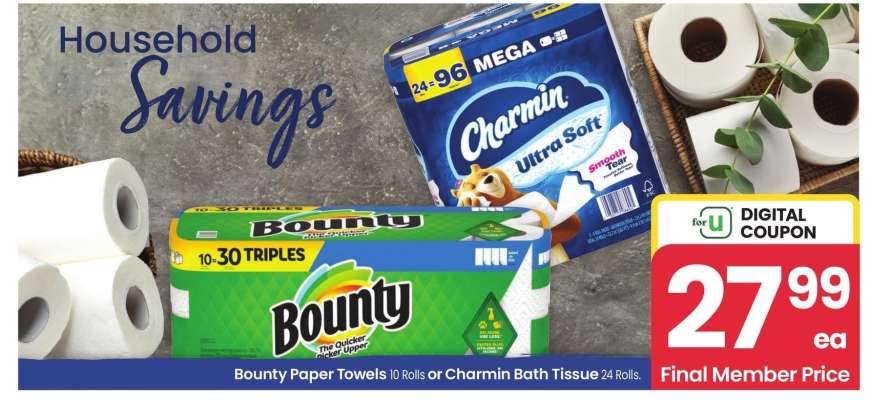 Bounty Paper Towels 10 Rolls or Charmin Bath Tissue 24 Rolls.