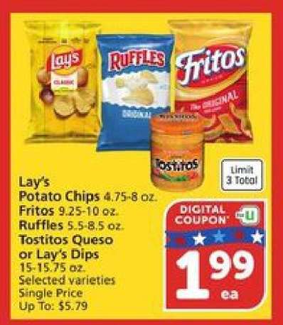 Lay's Potato Chips, Fritos, Ruffles, Tostitos Queso or Lay's Dips