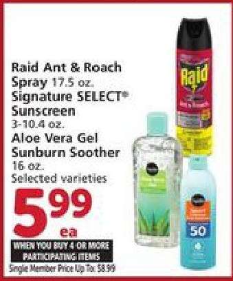 Raid Ant & Roach Spray, Signature SELECT Sunscreen, Aloe Vera Gel Sunburn Soother