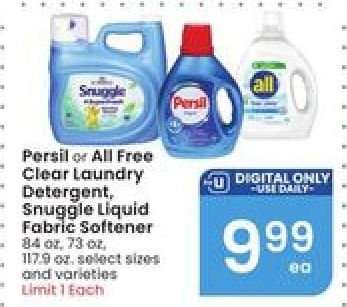 Persil or All Free Clear Laundry Detergent, Snuggle Liquid Fabric Softener