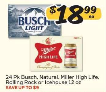 24 Pk Busch, Natural, Miller High Life, Rolling Rock or Icehouse 12 oz