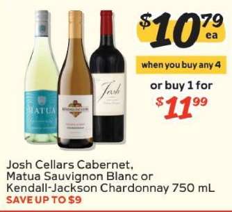 Josh Cellars Cabernet, Matua Sauvignon Blanc or Kendall-Jackson Chardonnay