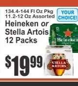 Heineken or Stella Artois 12 Packs