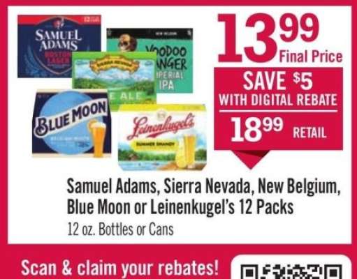Samuel Adams, Sierra Nevada, New Belgium, Blue Moon or Leinenkugel's 12 Packs