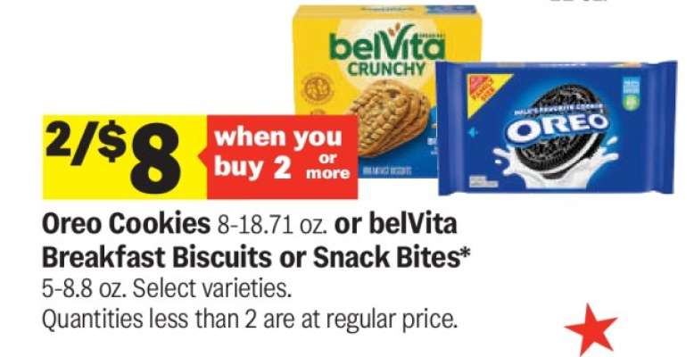 Oreo Cookies or belVita Breakfast Biscuits or Snack Bites
