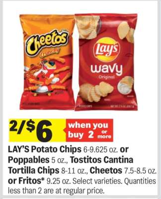 LAY'S Potato Chips or Poppables, Tostitos Cantina Tortilla Chips, Cheetos, or Fritos