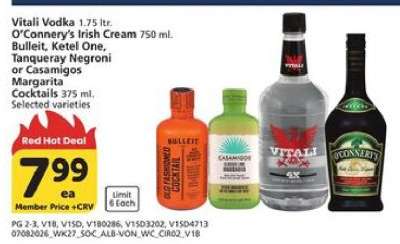 Vitali Vodka, O'Conner's Irish Cream, Bulleit, Ketel One, Tanqueray Negroni, Casamigos Margarita Cocktails
