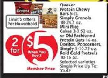 Quaker Protein Chewy Bars, Simply Granola, Mini Rice Cakes, Old Fashioned Protein Oats, Doritos, Popcorners, Simply, Rold Gold Pretzels