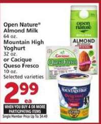 Open Nature Almond Milk / Mountain High Yoghurt / Cacique Queso Fresco