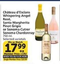 Château d'Esclans Whispering Angel Rosé, Santa Margherita Pinot Grigio or Sonoma-Cutrer Sonoma Chardonnay