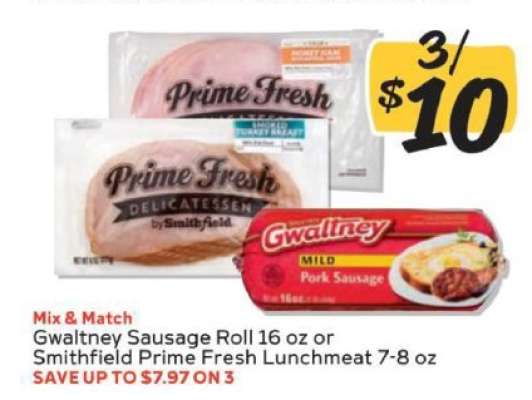 Gwaltney Sausage Roll or Smithfield Prime Fresh Lunchmeat