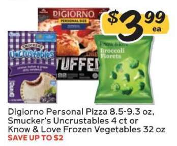 Digiorno Personal Pizza, Smucker's Uncrustables, Know & Love Frozen Vegetables