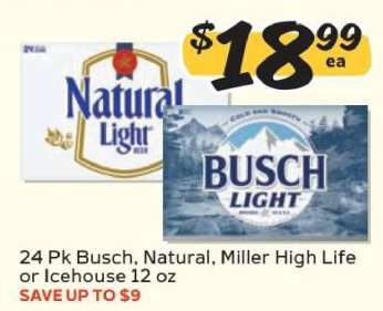 24 Pk Busch, Natural, Miller High Life or Icehouse