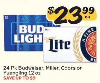 24 Pk Budweiser, Miller, Coors or Yuengling