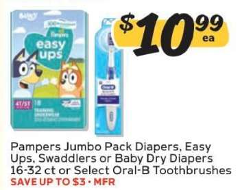 Pampers Jumbo Pack Diapers, Easy Ups, Swaddlers or Baby Dry Diapers 16-32 ct or Select Oral-B Toothbrushes