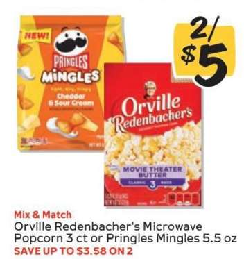 Orville Redenbacher's Microwave Popcorn 3 ct or Pringles Mingles 5.5 oz