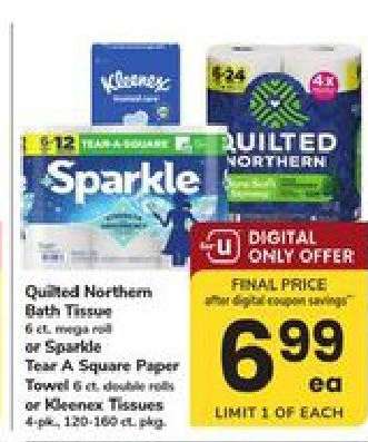Quilted Northern Bath Tissue or Sparkle Tear A Square Paper Towel or Kleenex Tissues