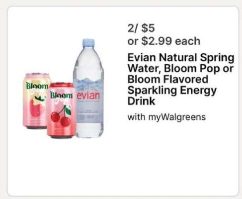 Evian Natural Spring Water, Bloom Pop or Bloom Flavored Sparkling Energy Drink