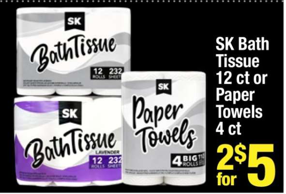 SK Bath Tissue 12 ct or Paper Towels 4 ct