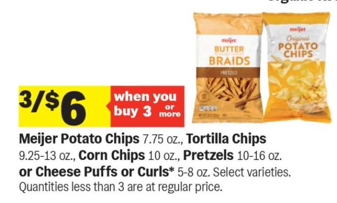 Meijer Potato Chips, Tortilla Chips, Corn Chips, Pretzels, Cheese Puffs or Curls