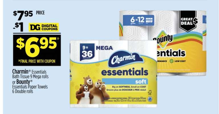 Charmin Essentials Bath Tissue 9 Mega rolls or Bounty Essentials Paper Towels 6 Double rolls