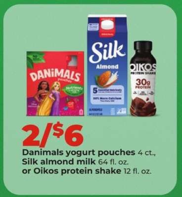 Danimals yogurt pouches, Silk almond milk, Oikos protein shake
