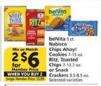belVita, Nabisco Chips Ahoy!, Ritz, Toasted Chips or Snack Crackers