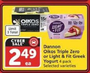 Dannon Oikos Triple Zero or Light + Fit Greek Yogurt