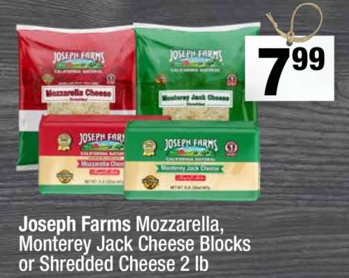 Joseph Farms Mozzarella, Monterey Jack Cheese Blocks or Shredded Cheese
