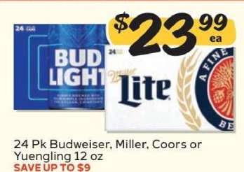 24 Pk Budweiser, Miller, Coors or Yuengling
