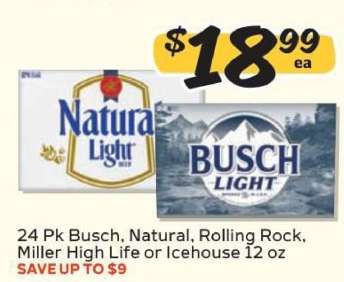 24 Pk Busch, Natural, Rolling Rock, Miller High Life or Icehouse 12 oz