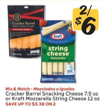 Cracker Barrel Snacking Cheese or Kraft Mozzarella String Cheese